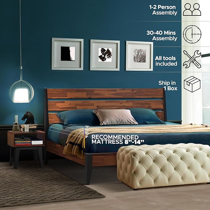 Acacia Emery King Solid Wood Platform Bed Frame with Headboard – Gift Matching Nightstand Included, Farmhouse Mid-Century Modern, Americano Finish, Sturdy, No Box Spring Needed, Easy Assembly