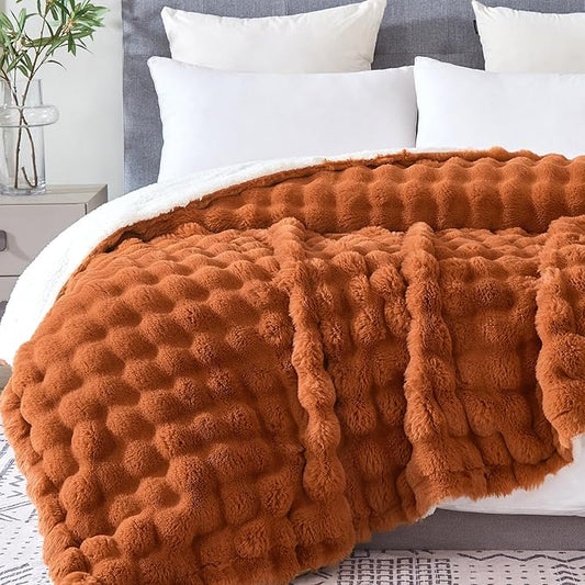 60x80 Inches Ultra-Soft Fuzzy Faux Fur Plush Twin Size Blanket - Thick, Warm Sherpa for Couch, Sofa, Bedroom, Camping - Decorative Blanket for Cozy Warmth, Bubble Rust