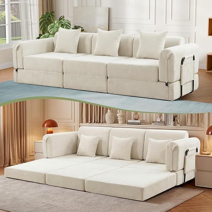 100" Convertible Sleeper Sofa Bed, Oversized Modular Sectional Cloud Sofa with Fixed-Shape Frame & Tabletop, Boneless Couch with Storage Pocket for Living Room, No Assembly Required, Beige