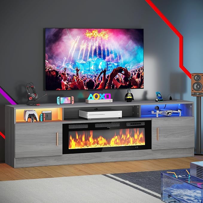 MXV 70" Fireplace TV Stand with Power Outlet for TVs UP to 80", Electric Fireplace Entertainment Center with LED Lights & Storage Cabinets, TV Console for Living Room, Office, Grey-Black - Image 2