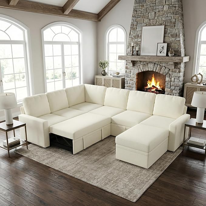 7-Seater Large Sectional Couch with Pull Out Bed, L Shaped Chenille Sofa with Storage, Convertible Modular Sofa, for Living Room, Apartment, Beige