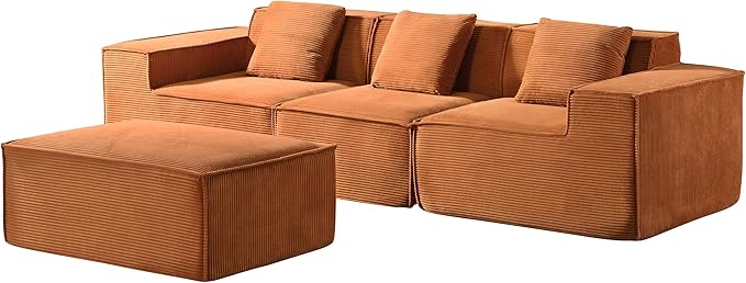 Rowan Convertible Corduroy Sectional Couch with Ottoman & Pillows, Modular L Shaped Sleeper Sofa, Boneless Cloud Couch for Living Room Furniture, Red Orange