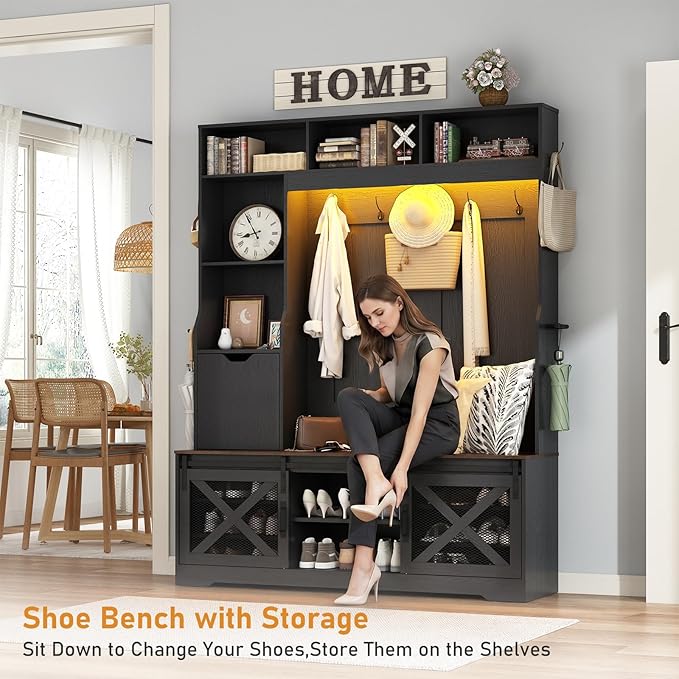 75''H LED Farmhouse Hall Tree with Bench and Shoe Storage,Entryway Bench with Coat Rack,16 Shoe Cubbies & Umbrella Holder and Sock Storage Drawer,Mudroom/Hallway Storages Cabinet(black) - Image 4