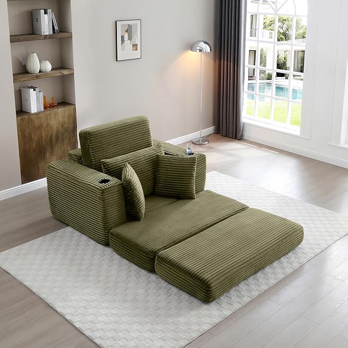 Eafurn 52.4" Oversized Chaise Lounge Indoor with Foldable Ottoman Convertible Boneless Sleeper Sofa Bed, Deep Seat Lounge Chair with Cup Holder & Side Pocket, No Assembly for Living Room | Breathable material, Cupholders
