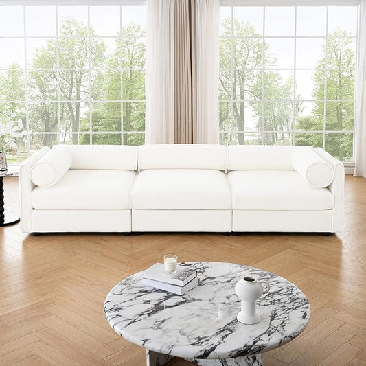 KEIKI 109" Oversized Modular Chenille Sectional Sofa with Storage Seat, Modern Style 3-Seater Couch with Cylindrical Backrest and Armrests, Easy Assembly, for Apartment, Living Room, White