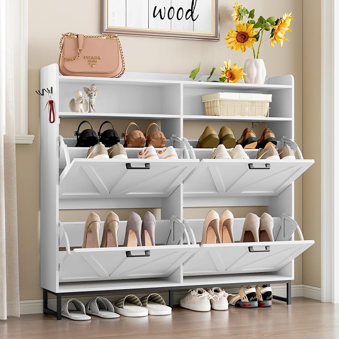 BORNOON Shoe Cabinet with 4 Flip Drawers Narrow Shoe Storage Cabinet Organizer Wooden Freestanding Shoe Rack Hidden Slim Shoes Storage Cabinet for Entryway, Hallway, Living Room, Bedroom - Image 3
