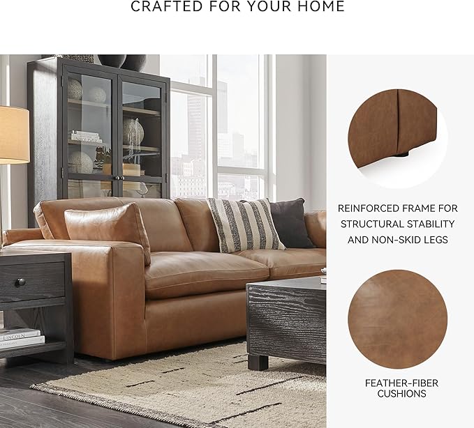 Signature Design by Ashley Emilia Modern Leather Match 2-Piece Sectional Loveseat with Loose Back Cushions and 2 Bolster Pillows, Light Brown