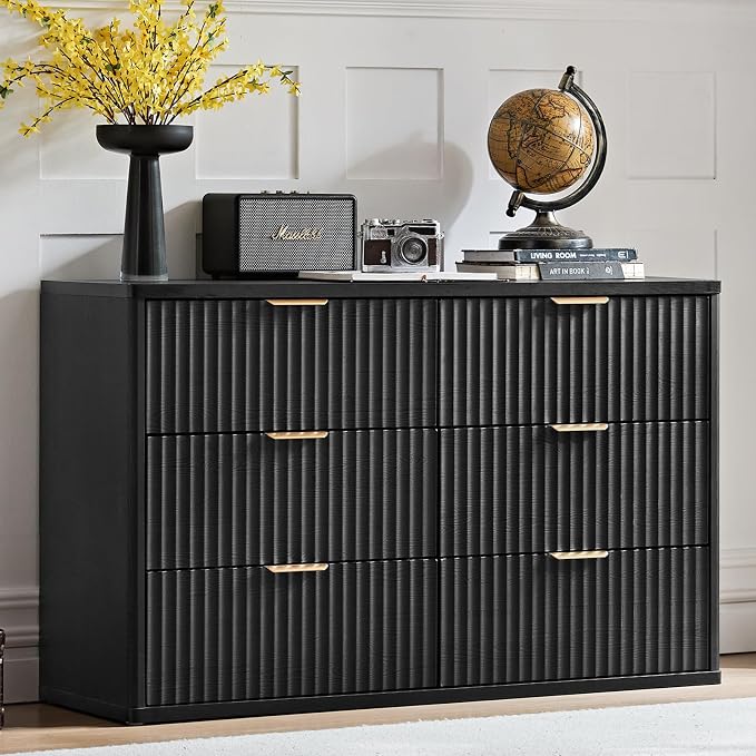 LEYAOYAO Fluted 6 Drawers Dresser for Bedroom, 48" Wide Modern Chest of Drawers with Metal Handle, Black Curved Profile Farmhouse Closet Organizer Wood Dressers TV Stand for Living Room, Hallway by LEYAOYAO-Findtheshiningpointofyourideallife%EF%BC%81