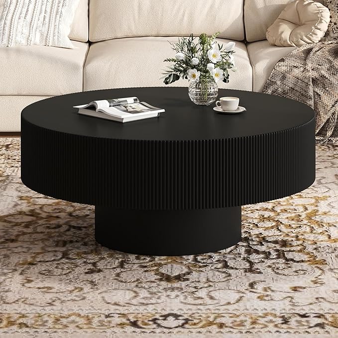 Merax Modern 35.4 Inch Round Large Coffee Table with Sturdy Base, Wood Center Table with 6.8" Thick Tabletop for Living Room Reception Room, Easy Assemble, Black