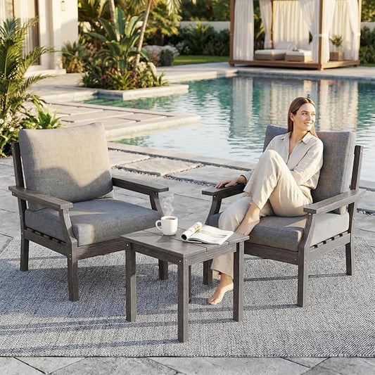 HDPE Patio Conversation Set, 3-Piece All Weather Outdoor Furniture Set with 2 Single Sofas for Deck, Lawn, with Cushion, Gray