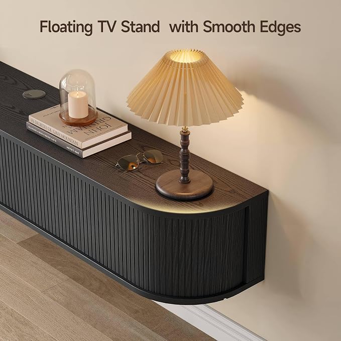 63" Floating TV Stand with Power Outlet for TVs up to 75", Fluted Entertainment Center with Remote Control for LED Lights, Mid-Century Modern TV Console w/Sliding Door for Living Room, Bedroom Black - Image 6