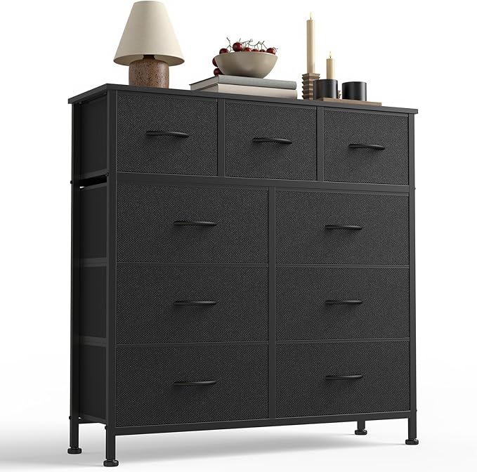 DUMOS 9 Drawer Dresser for Bedroom, Fabric Storage Organizer with Sturdy Metal Frame, Wooden Top Chest of Drawers for Closet Entryway Guest Room,Matte Black - Image 3