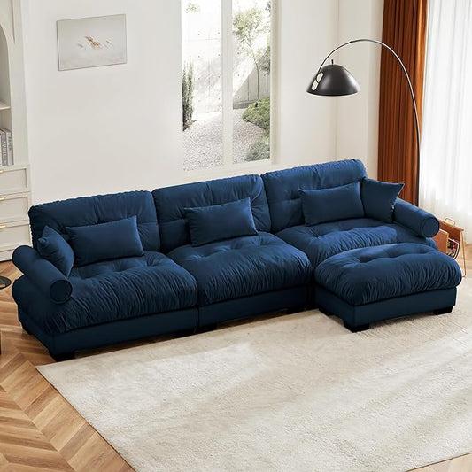 KEIKI 130" L-Shaped Oversized Velvet Modular Sectional Sofa with 1 Ottoman, High-Density Foam Cushions and Bolstered Armrests, Upholstered 3-Seater Cloud Couch with 5 Pillow, for Living Room, Blue
