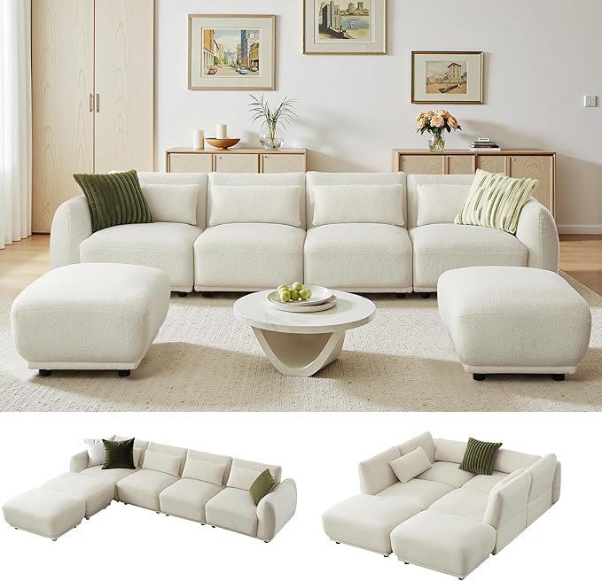 Sectional Sofa Couch, Modern U Shaped Sectional Couch with Ottoman, Modular Sectional Sofa Cloud Couches for Living Room (Beige, 4 Set + 2 Ottoman)