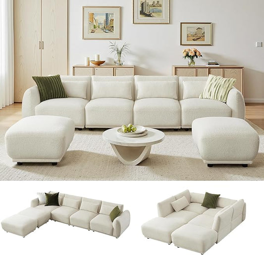 Sectional Sofa Couch, Modern U Shaped Sectional Couch with Ottoman, Modular Sectional Sofa Cloud Couches for Living Room (Beige, 4 Set + 2 Ottoman)