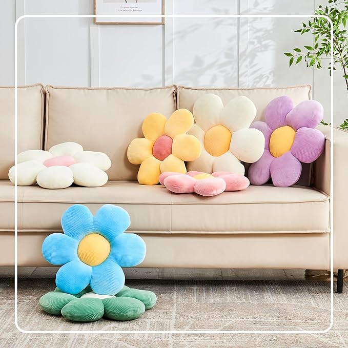Kcvvcr White Yellow Flower Pillow, 19.6" Cute Flower Shaped Floor Pillow, Aesthetic Floral Plush Daisy Decorative Throw Pillows for Bed Sofa Couch