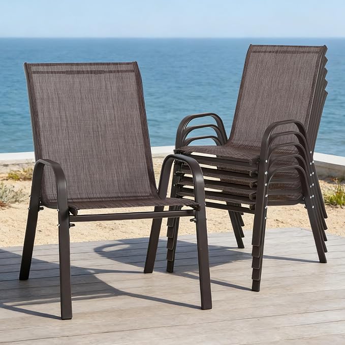 Outdoor Stackable Chairs Set of 6, Stacking Patio Chairs with Textilene Fabric, Outside Furniture for Garden Backyard Balconie Poolside Deck, Brown - Image 2