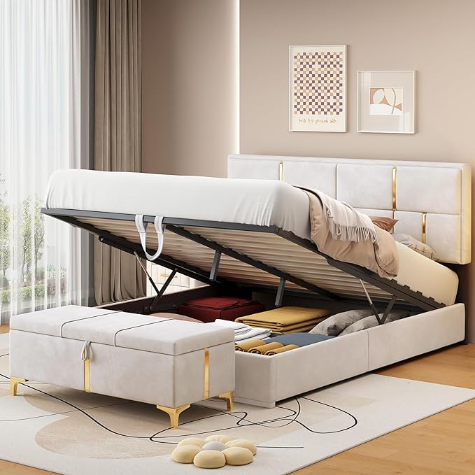 2 Piece Queen Size Bedroom Sets with Ottoman Hydraulic Storage Bed Frame with Headbaord and Storage Bench - Beige