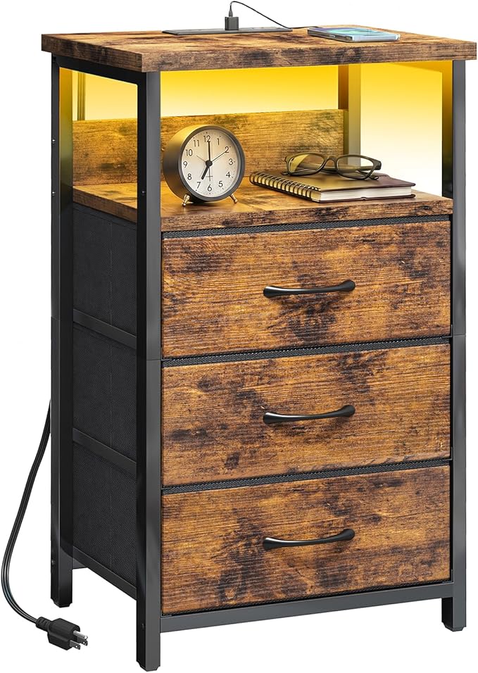 Fixwal Night Stand with Charging Station, LED Nightstand with Fabric Drawers, End Table with PU Finish, Bed Side Table, Rustic Brown by Fixwal