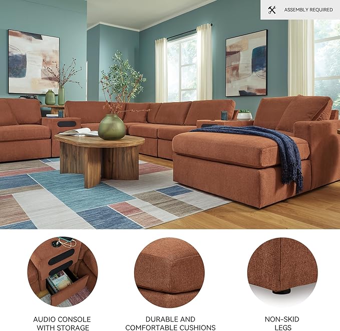 Signature Design by Ashley Modern Modmax Stain Resistant U-Shape Left-Arm Facing 8-PC Sectional with Chaise and Audio Consoles, Orange