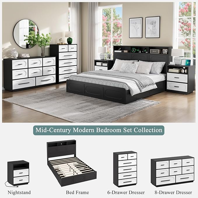 3 Pieces Bedroom Set, Queen Size Wood Platform Bed Frame and 2 Nightstands, Storage Headboard and Nightstand with Charging Station, Solid Wood Slats Support, No Box Spring Needed, Black