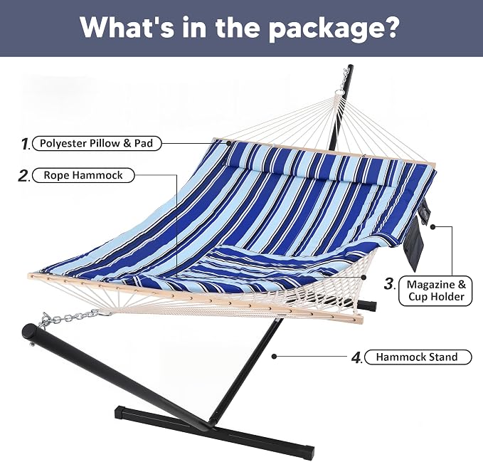SUNCREAT Double Hammock with Stand, Two Person Cotton Rope Hammock, Blue Stripe - Image 7