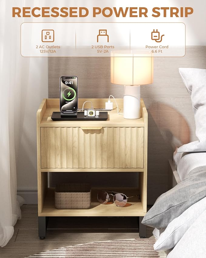 Fluted Night Stand with Charging Station, Wood Nightstand with Large Drawer and Open Storage Cabinet, Mid-Century Modern Bedside Table End Table for Bedroom Closet Office - Image 3