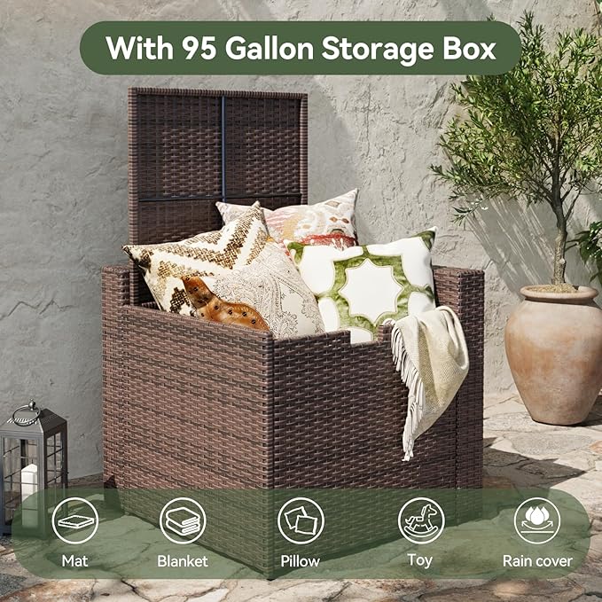 Aoxun 9 Piece Patio Furniture Set with 44” Fire Pit Table, Wicker Outdoor Furniture Set with Storage Box, Patio Sectional Set with Cushions and Waterproof Cover (Brown & Khaki)