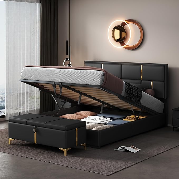 2 Piece Queen Size Bedroom Sets with Ottoman Hydraulic Storage Bed Frame with Headbaord and Storage Bench - Black