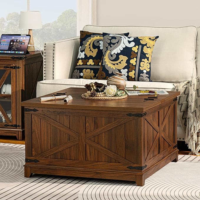 Farmhouse Coffee Table with Hidden Storage Space, Wood Square Large Center Table for Living Room, Farm House Rustic Brown Retro Coffee Tables with Hinged Lift Top for Meeting Room, Home