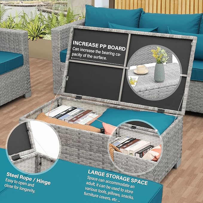 WAROOM Patio Furniture Set 4 Piece Outdoor Wicker Conversation Sets PE Rattan Couch Sectional Sofa with Storage Table, Peacock Blue Cushion