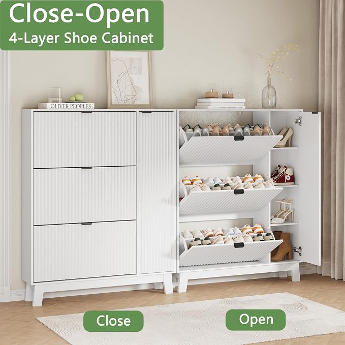Xixini Shoe Cabinet with 3 Flip Drawers, 54" Tall Narrow Fluted Shoe Storage Organizer for Entryway, Hidden Wooden Shoe Rack with Adjustable Side Cabinet for Front Door Entrance, Hallway, Solid White - Image 5