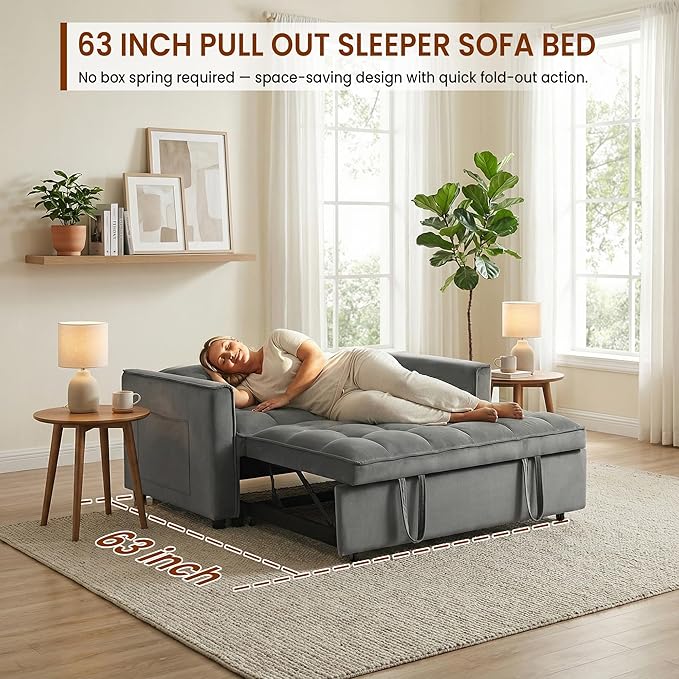 Convertible Sofa Bed 3 in 1 Pull Out Loveseat Sleeper Couch with Adjustable Backrest, Side Pocket, Two Pillows for Apartment, Dorm Room, Bedroom and Small Space | Velvet Fabric