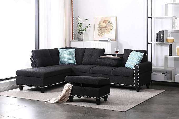 Modular Sectional Sofa Set, Modern L Shaped Sectional Sofa Set with Storage Ottoman & 2 Pillow, 2 Cup Holders, 6 Seat Sofa Couch Set for Living Room, Office, Apartment (Linen, Charcoal Grey)