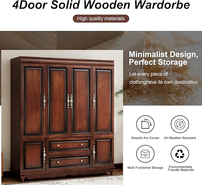 Solid Wood Cherry Red Armoire Wardrobe Closet: 4 Door Solid Wood Wardrobe Cabinet with 2 Drawers, Armoire Closet with Hanging Rods Storing Clothes for Bedroom