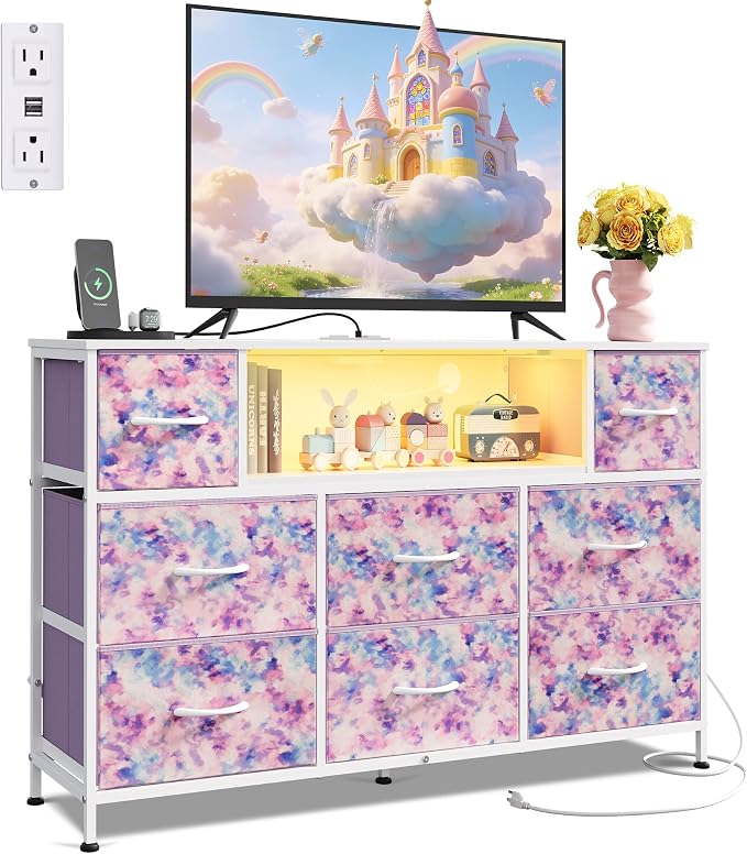 WLIVE Dresser TV Stand for 45, 50, 55 inch TV, Entertainment Center with LED Lights & Charging Station, Chest of Drawers with 8 Fabric Drawers for Living Room, Tie-dye Print (Pink, Purple, Blue) by WLIVE