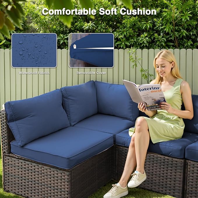 13 Piece Patio Furniture Set with Fire Pit Table All Weather PE Rattan Outdoor Sectional Sofa Couch with No-Slip Cushions for Garden, Poolside, Backyard (Blue)