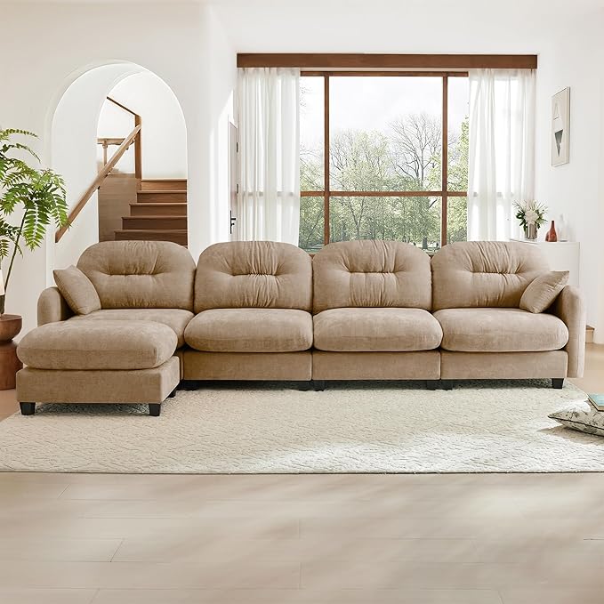 KEIKI 140" L-Shaped Oversized Chenille Modular Sectional Sofa with 1 Ottoman, High-Density Foam Cushions, Tufted Pleated Cushion Backrest, Modern 4-Seater Couch with 2 Pillow, for Living Room, Camel