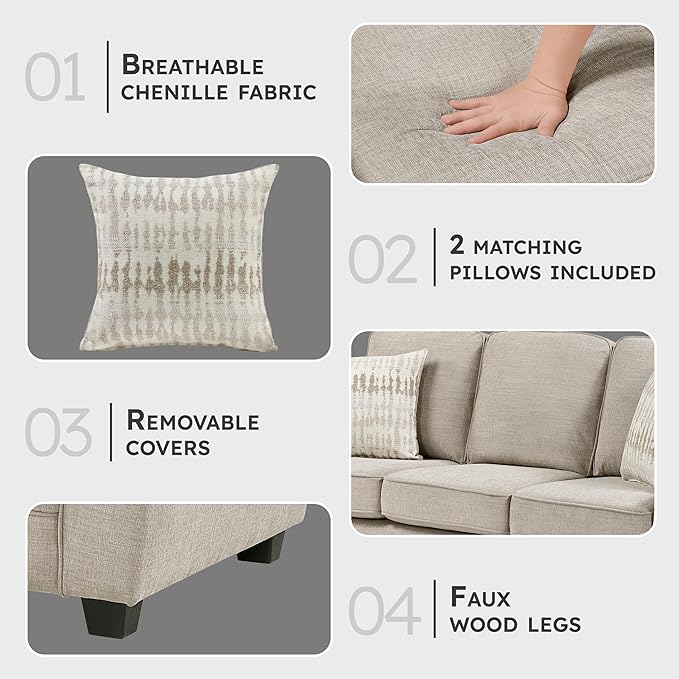 Lexicon Chenille Fabric Upholstered Sofa with 2 Pillows, with Track Arms, Reversible Back and Seat Cushions, Removable Cushion Covers, Comfy Couch for Living Room/Office/Waiting Room, Taupe