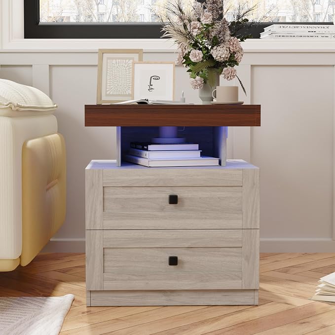 MHOM Farmhouse LED Nightstand Set of 2, Wood Bedroom Side Table with Charging Station, Rustic End Table with Drawers for Bedroom, Antique Oak - Image 4