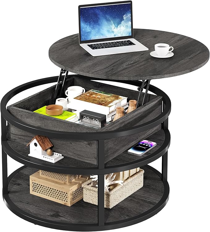 DWVO Round Coffee Tables for Living Room, Lift Top Coffee Table with Storage, Farmhouse Wood Coffee Table, Circle Small Coffee Tables Living Room for Home Decir Office, Grey