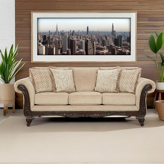 Hernen Carved Wood Frame Sofa, Beige Wheat