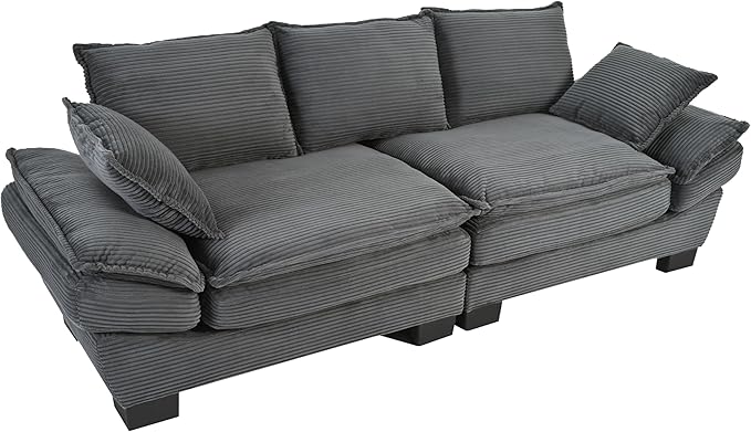 Merax 85.4" Modern Curved Corduroy Fabric Sofa, Back Upholstered Couch with 2 Decorative Throw Pillows for Living Room, Bedroom, Apartment, Gray