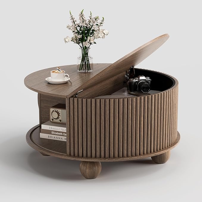 Round Coffee Table with Storage, 31.5" Mid Century Modern Coffee Table with Sliding Door & Bun Feet, Minimalist Fluted Center Table for Living Room, Home Small Space, Walnut