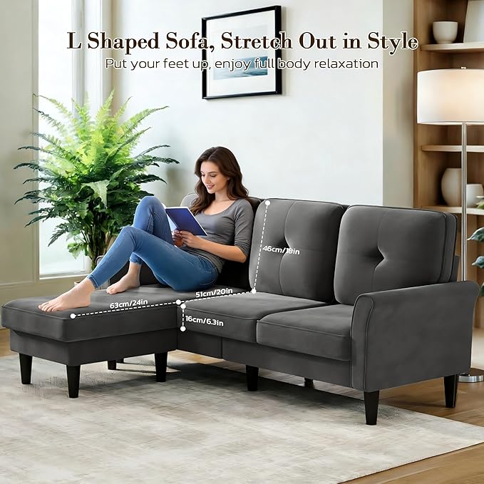 Sofas for Living Room, 83" Velvet Sectional Couch with Moveable Ottoman, Midcentury Modern Small Sectional Couch, L Shape Sofa & 3 Seater, Couches for Living Room, Apartment, Bedroom, Grey