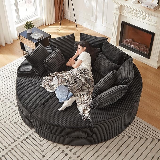 ERYE Oversized Round Sofa Chaise Daybed Comfy Corduroy Couch Boneless Sleeper Recliner Sofabed with 10 Pillows and Headrests