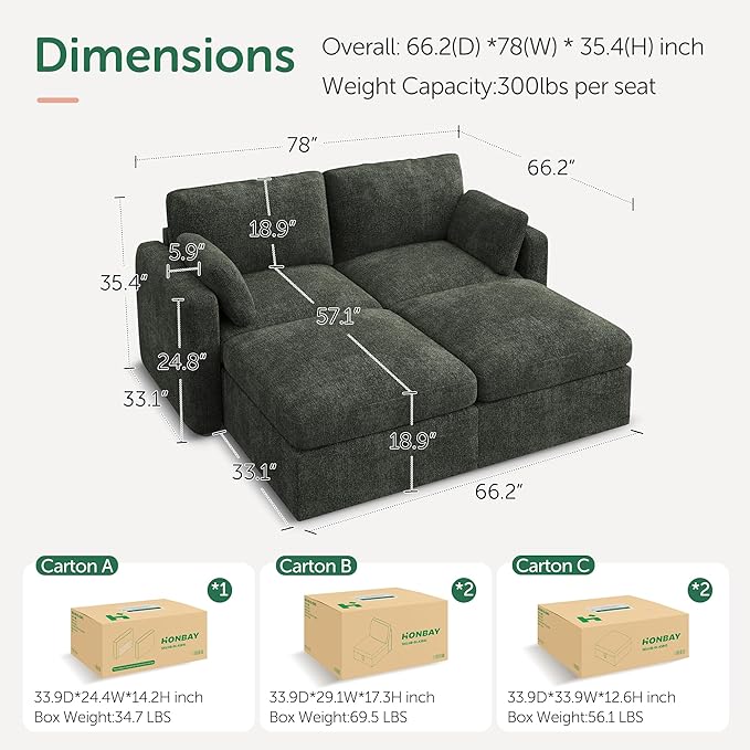 HONBAY Modular Sectional Couch, Sectional Sofa with Storage Seats, Chenille Sectional Couches for Living Room, Green