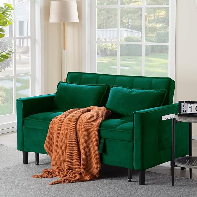 3 in 1 Convertible Sofa Bed, Love Seat Sleeper Bed with Side Pockets, Velvet Fabric Pull Out Couch with Adjustable Backrest for Living Room, Bedroom, Apartment, Dark Green