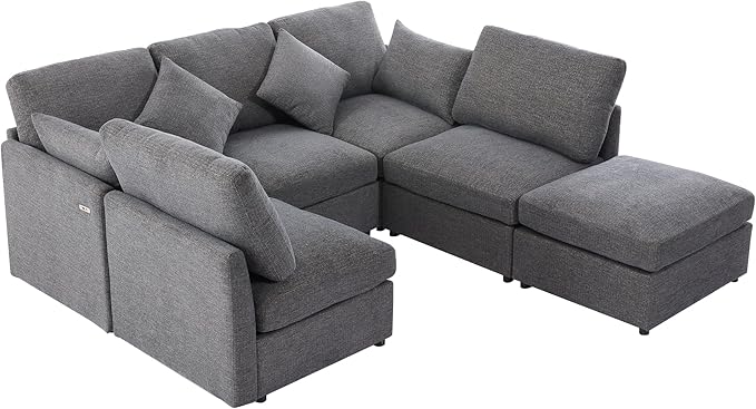 Eafurn 6 Seater Reversible Modular Sectional Sofa Convertible Sleeper Couch Bed, Free Combination Chenille Upholstered Corner Sofa Couches with USB Ports and Detachable Cushions (Grey)