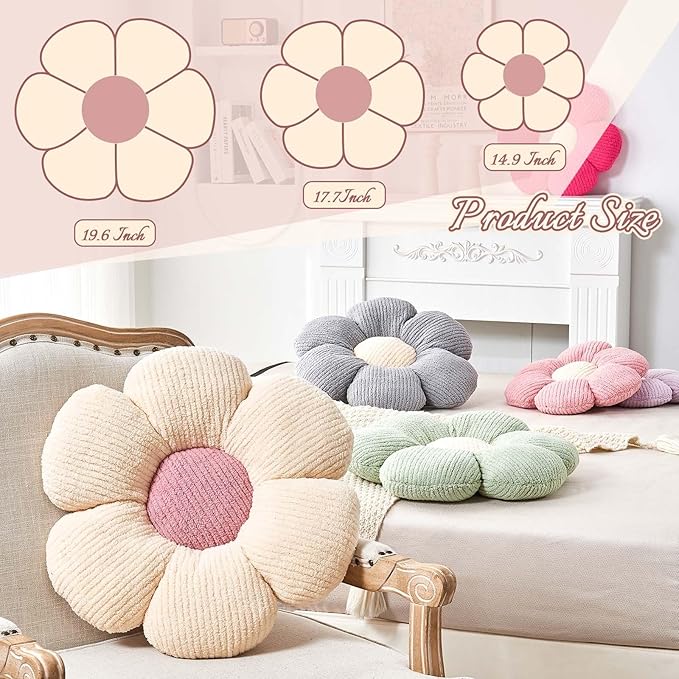 Kcvvcr White Brown Flower Pillow, 14.9" Cute Flower Shaped Floor Pillow, Aesthetic Floral Plush Daisy Decorative Throw Pillows for Bed Sofa Couch